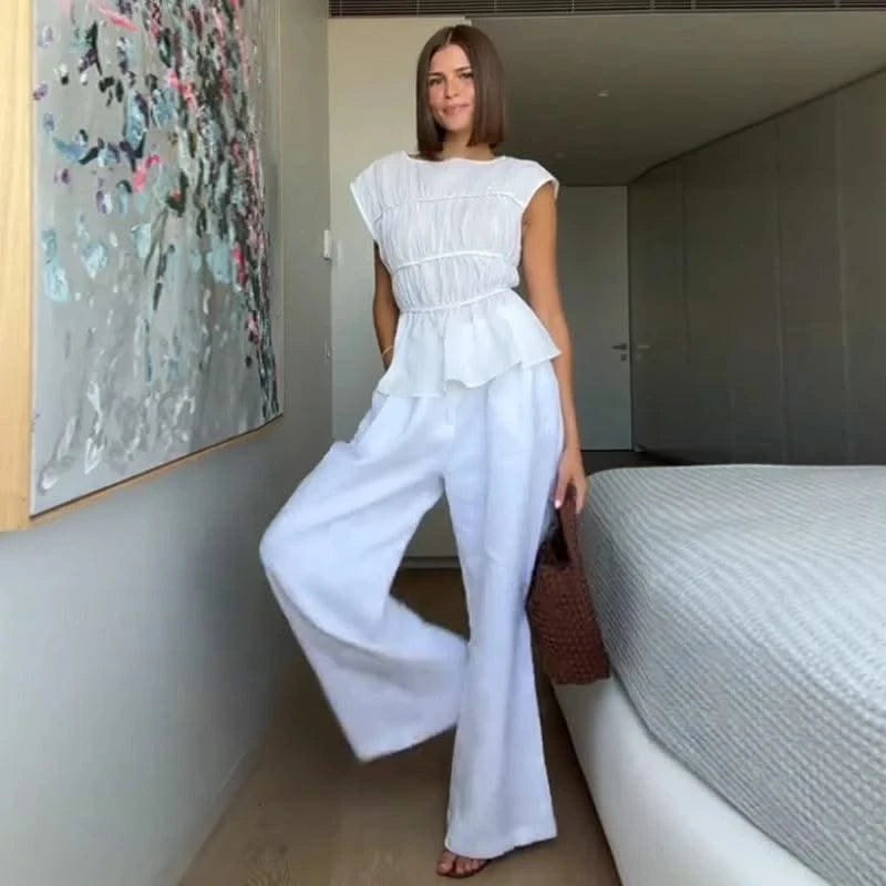 Women Cotton Linen Sleeveless Blouse Round Neck Pleated Top 2025 Spring Summer New Lady O-Neck Solid Color Shirt