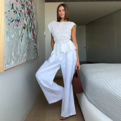 Women Cotton Linen Sleeveless Blouse Round Neck Pleated Top 2025 Spring Summer New Lady O-Neck Solid Color Shirt
