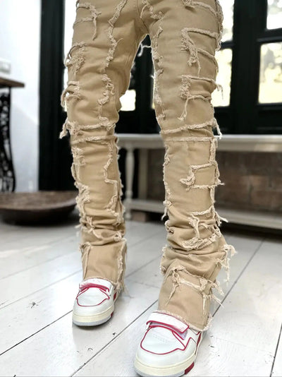 New Fashion Stretch Jeans Man Stacked Jeans Elastic Waist Straight Fit Patchworks Denim Long Pants Fringe Ripped Jeans For Men
