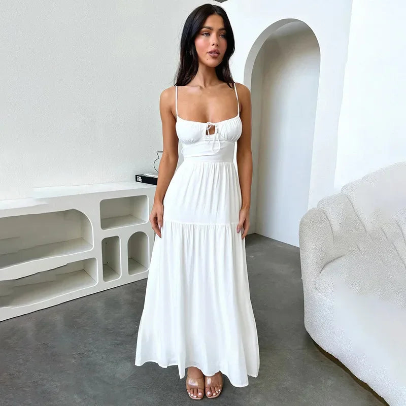 BOOFEENAA Halter Backless Maxi Long Dress Sexy Vacation Outfits White Black Summer Dresses for Women Clothes 2024 C66-CH28