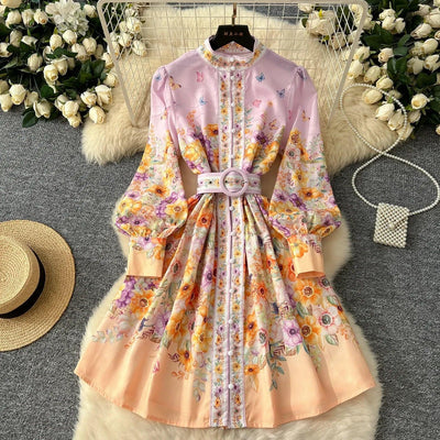 TWOTWINSTYLE Floral Printted Chic Dress For Women O Neck Long Sleeve Patchwork Sashes Temperament Dress Female Fashion KDR523818