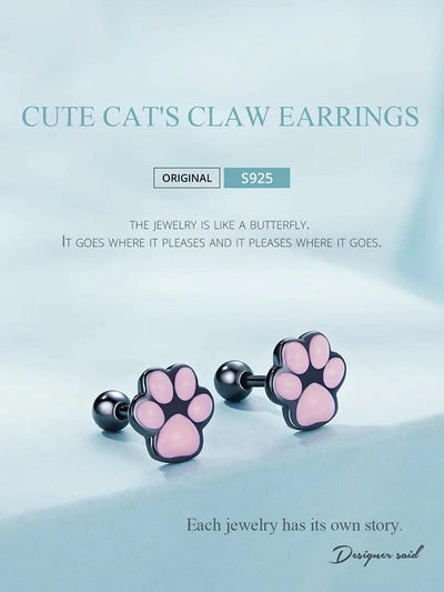 WOSTU Real 925 Sterling Silver Cat Ear Hoop Earrings For Women Lovely Pink Cute Pet Paw Studs Clips Girl Unique Jewelry Gift