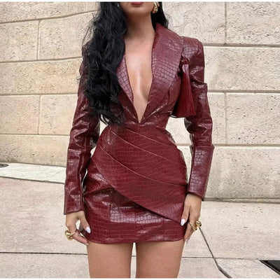 Sexy Pu Leather Women Maxi Dresses Fashion Sleeveless Backless Pleated Hip Package Female Robe Chic Ladies Party Evening Dress