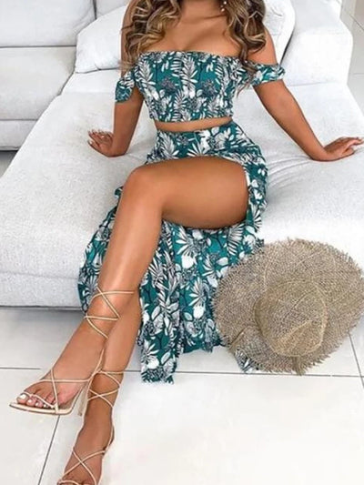 Summer Fashion Sets For Women 2 Pieces Solid Pleated Tops & Floral Print High Waist Midi Skirt Female Chic Lady Long Skirts Set