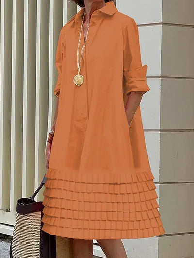 Women’s A-Line Midi Dresses 2024 New Autumn Summer Long Sleeves Layered Pleated Pockets Solid Color Lapel Shirt Dress