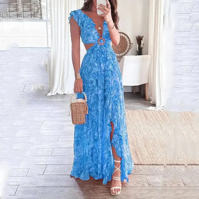 2025 Dress For Women Spring New Printed Deep V Sexy Exposed Waist Hollow Pleated Slit Long Dress Elegant Birthday Party Vestidos - Elanique