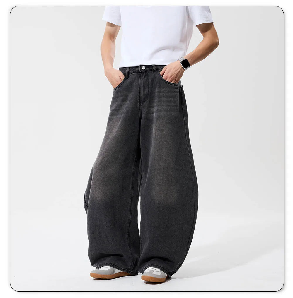 2025 Autumn Men's Retro Grey Black Loose Wide Leg Jeans American Street Baggy Goth Pants Man Designer Jeans Y2K Denim Pants