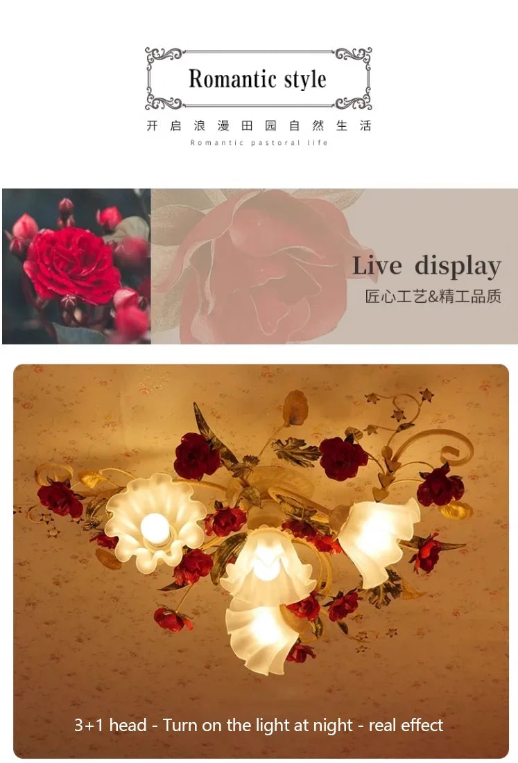 Home Decor Pastoral Retro LED Ceiling Lamp Warm Romantic Flower Chandeliers Fixtures for Living Room Bedroom Lighting Luminaire
