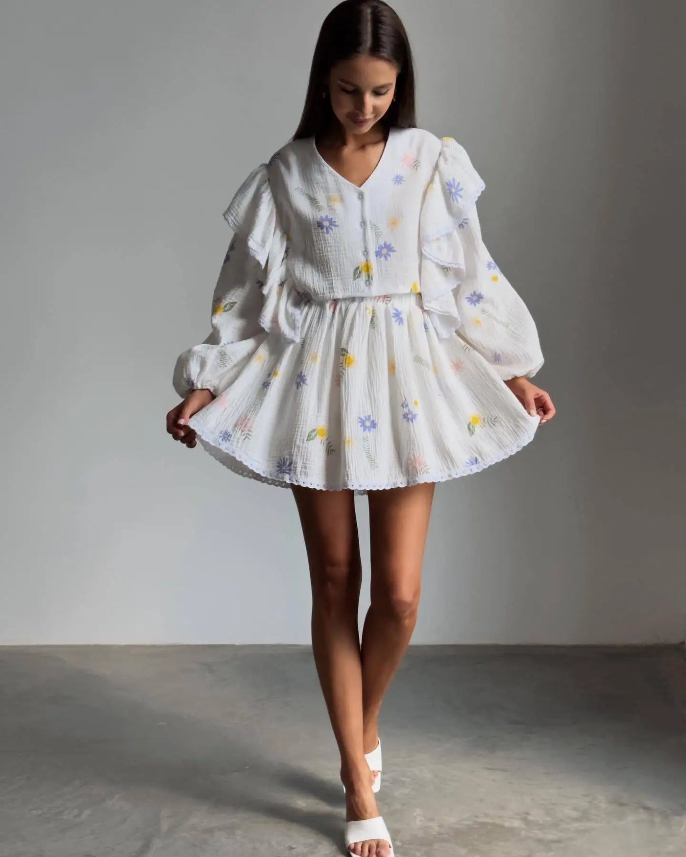 Women Cotton Linen Print Loose Suit Women Lantern Sleeve Ruffles V-neck Patchwork Single-Breasted Top High Waist Mini Skirt Suit