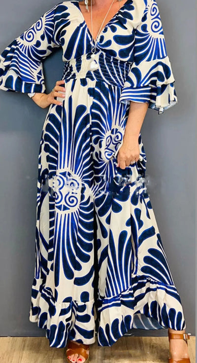 Fashion Print Jumpsuit Female Casual Deep V Neck Ruffles Three Quarter High Waist Wide Leg Pants Jumpsuits Women Summer Clothes
