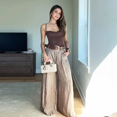 TRAF Women's Pants High Waist Wide Leg Pants with Belt Satin Long Trousers Pockets Casual Baggy Pants Summer Elegant Lady Pants