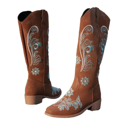 Women's Boots  New Embroidered Long Tube Boots Low Heel Calf Waterproof Cold Resistant Comfort Fashion Knight Boots