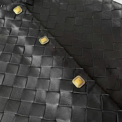 Luxury Hand Knittd Leather Jacket For Women 2024 NEW Female Retro Square Buttons O-Neck Long Vest Waistcoat with Elastic Blet