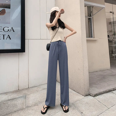 New Women Ankle-Length Wide Leg Pants Casual Summer Solid Elastic Waist Loose Ice Silk Pants Spring Summer Female Trousers