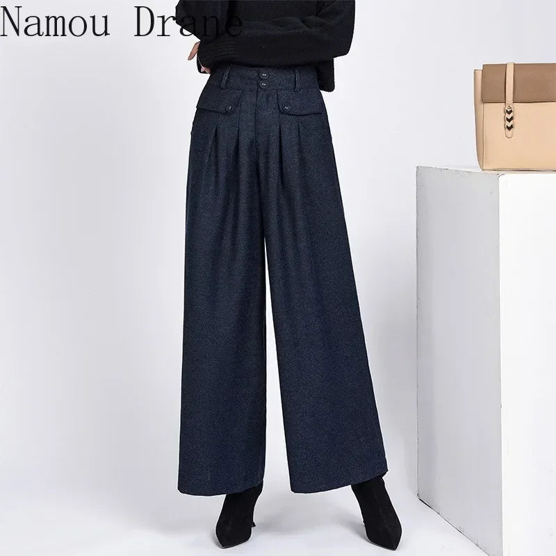 2023 Winter Warm Wool Women's Pants Female High Waist Pleated Wide Leg  Capris for Women Trousers Woman  4xl