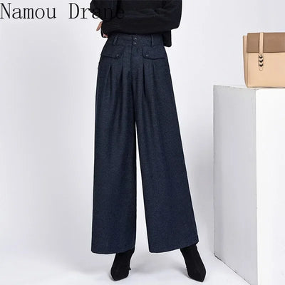 2023 Winter Warm Wool Women's Pants Female High Waist Pleated Wide Leg  Capris for Women Trousers Woman  4xl
