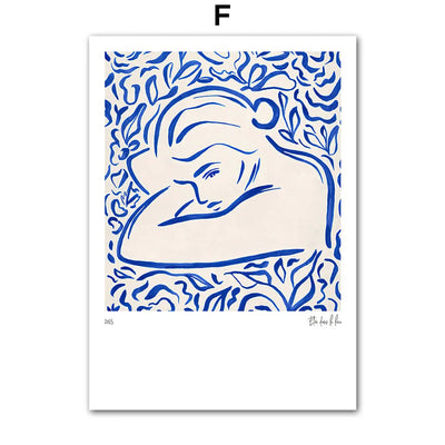 Wall Art Mural Print Canvas Pictures Blue Girl Body Pigeons Line Minimalist Abstract Living Room Home Decoration Painting Poster