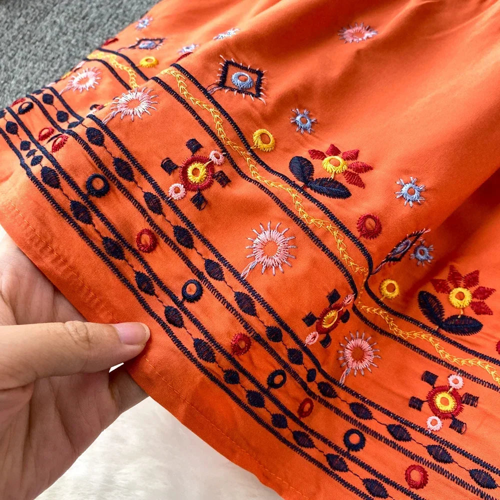 Boho Dress for Women Embroidery Floral Print V-neck Elastic Waist Lace-up Dresses with Belt Summer Vestidos Folds Dropshipping