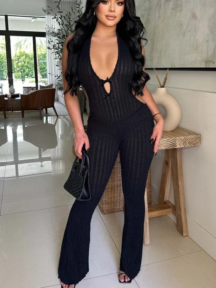 Joskaa Knitted Halter Backless Jumpsuit Women Sexy Deep V-Neck Bow Sleeveless Skinny Overalls 2025 Fitness Sportswear Clubwear