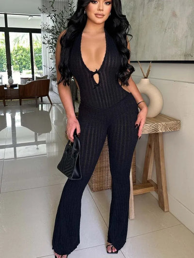 Joskaa Knitted Halter Backless Jumpsuit Women Sexy Deep V-Neck Bow Sleeveless Skinny Overalls 2025 Fitness Sportswear Clubwear