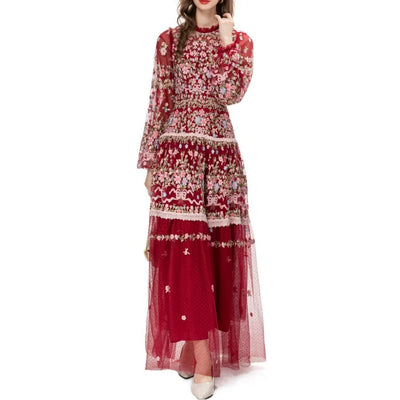 QMQA Fashion Women's Embroidery Dresses Round Neck High Waist Bow Mesh Spliced Long Sleeve Elegant Dress Female 2024 1A102