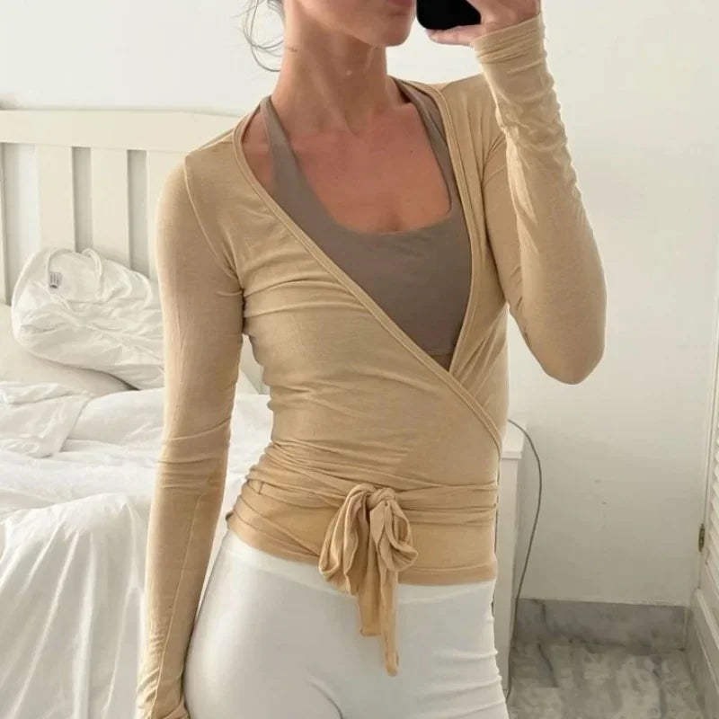 Women's Yoga Shirts Wrap Ruched Tie Front Long Sleeve Workout T Shirts Sexy Deep V Neck Slim Fit Casual Cropped Top
