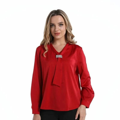 Red Women Blouse Ribbon Women Shirt Luxury Woman Top