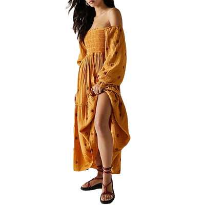 Women Summer Casual Long Dress 3D Embroidered Flowers Square Neck Puff Sleeve Dress Fashion Backless A-line Dress