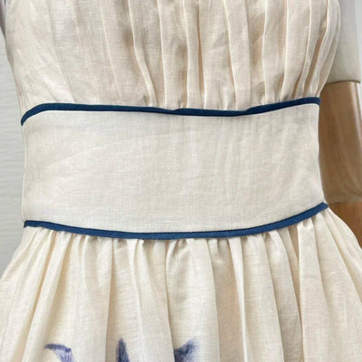 New Collection White Pleat Ruched Floral Print Sleeveless Women Midi Dress for Holiday