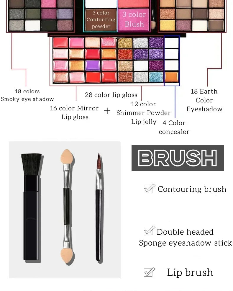 74 Colors Eyeshadow Lip Gloss Pearlescent Matte Concealer Flash Lipstick Women Cosmetics Professional Gift Box Christmas Makeup