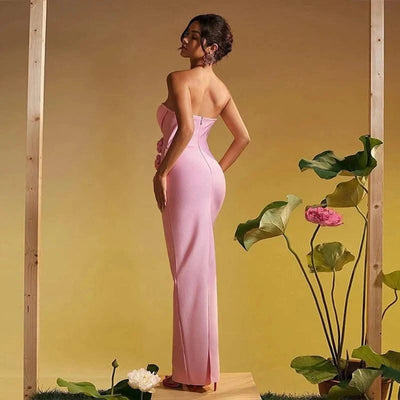 Pink Red Color Women Sexy Strapless Off the Shoulder Florals Bodycon Long Bandage Dress Celebrate Fashion Evening Party Outfit