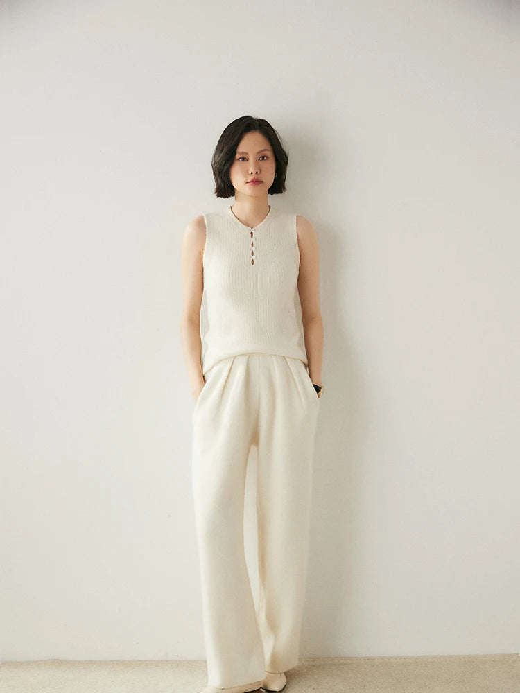 ADDONEE Women 100% Cashmere Pants Pleated Waist Wide Leg Pants Casual Simple Style Autumn Winter Cashmere Knit Trousers Luxury