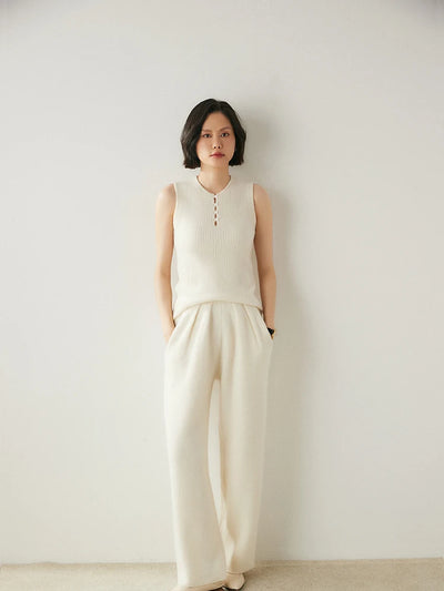 ADDONEE Women 100% Cashmere Pants Pleated Waist Wide Leg Pants Casual Simple Style Autumn Winter Cashmere Knit Trousers Luxury