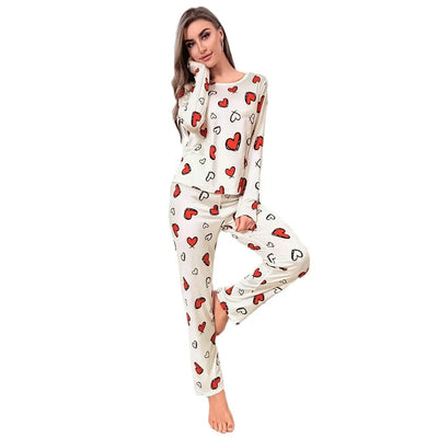 Sleepwear Women's Black Love Print Long Sleeve Trousers Student Loungewear Pajama Set Girl O-Neck Fashion Soft Casual Nightwear