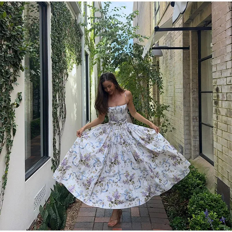 Elegant Women Summer Dresses Floral Printing Strap Backless Sleeveless High Waist Pleated A-line Party Vestidos Chic lady outfit