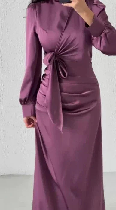 Dresses for Women 2024 Autumn Elegant Fashion Temperament Commuting Long Sleeves Round Neck Skinny Satin Party Evening Dress