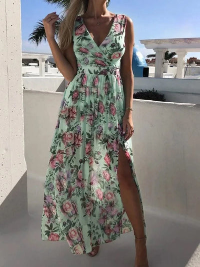 Summer Women Dress Floral Print Fashion Slim V-Neck Tie-Up Backless Chiffon Sexy Sleeveless Slit Maxi Cover-Ups Robe Beach Dress