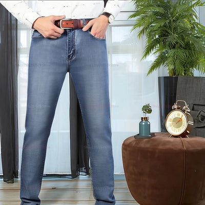 Men’s Denim Pants Spring Casual Business Straight Fit Loose Elastic Waist  Stylish Comfortable Pants for Work and Casual Wear