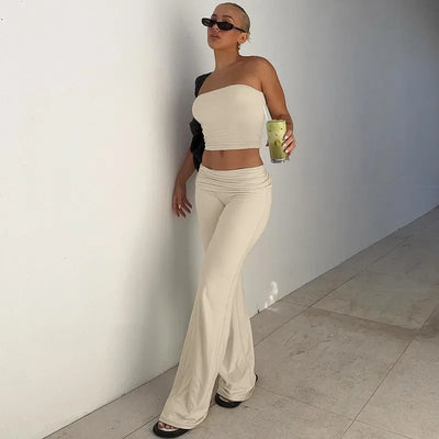 Women's Clothing 2025 Spring Fashion New Item Solid Color Strapless Top Flared Pants Fashionable Slim Fit Sports Suit for Women
