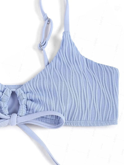 ZAFUL Women's Textured Drawstring Tie Spaghetti Strap Solid Color Tanga String Bikini Set Matching Two Piece Swimwear