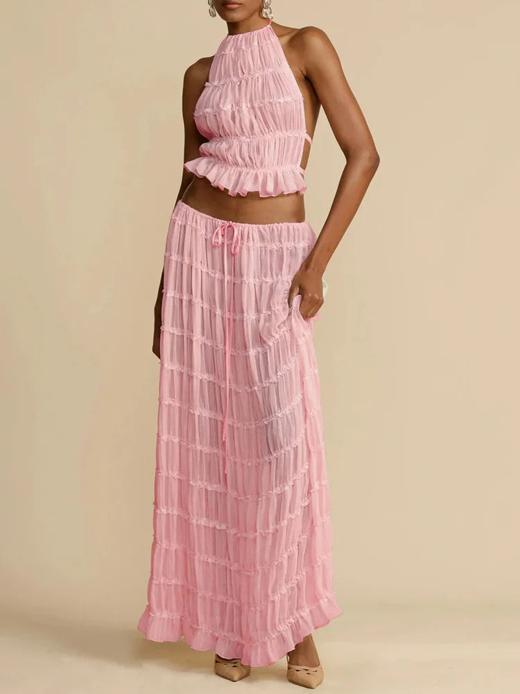 2025 Women Summer Loungewear Suits, Halter Short Top Maxi Skirts 2PCS Matching Sets, White Color Fashion Backless Ladies Outfit