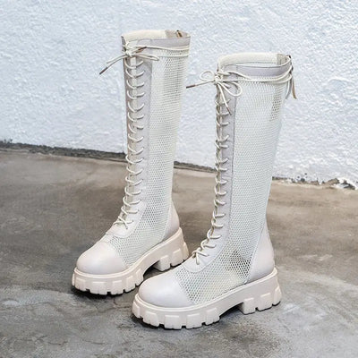 2025New Boots for Women Fashion Knee-high Boots Summer Breathable Hollow Out Mesh Boots Non Slip Platform Boot Punk Botas Mujer