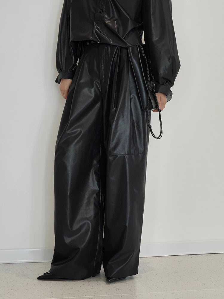 High Waist Black Glossy Casual Long Wide Leg Pants New Loose Fit Trousers Women Fashion Tide Spring Autumn 2025