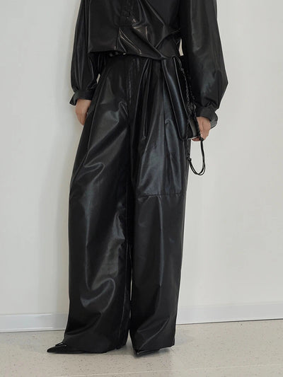 High Waist Black Glossy Casual Long Wide Leg Pants New Loose Fit Trousers Women Fashion Tide Spring Autumn 2025