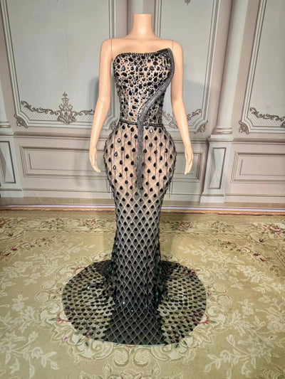 New Sparkly Rhinestones Pearls Floor-length Feathers Dress Women Birthday Celebrate Wedding Evening Prom Dress Photo Shoot Wear