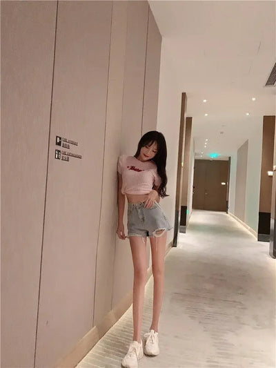 Women's Shorts Graphic Blue Short Pants for Woman To Wear Sexy Denim Jeans Print Design Low Price Youthful Korean Style Clothing