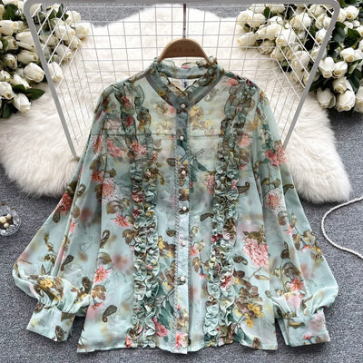 Women Ruffles Lace Floral Print Retro Elegant Button Shirts Summer Fashion Sweet Chic Stand Collar Long Sleeve Blouse Loose Tops