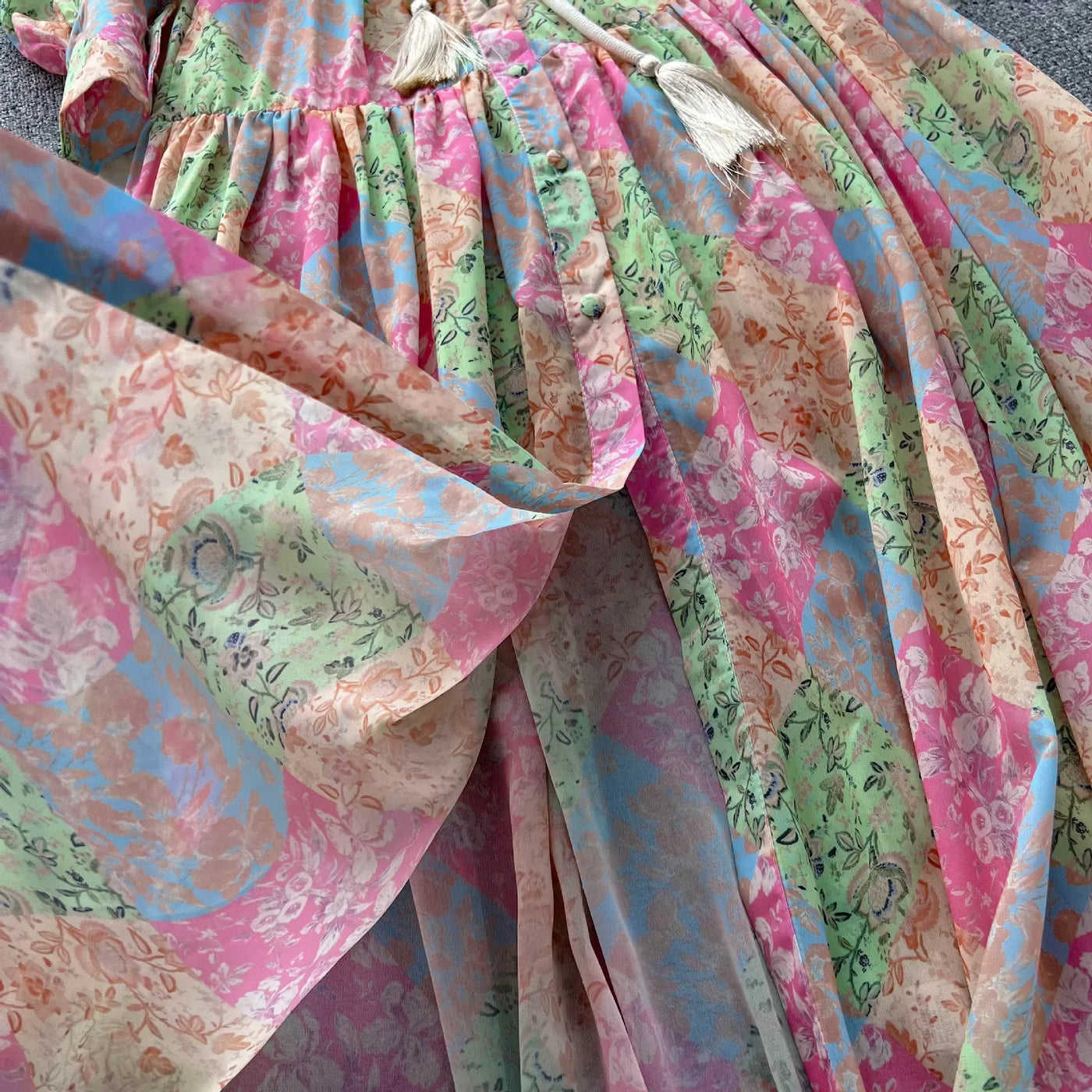 Long Dress Women Dresses A Line Chiffon Vestidos Stand Collar Streetwear Floral Print Elegant Splice Y2k Party Night High Waist
