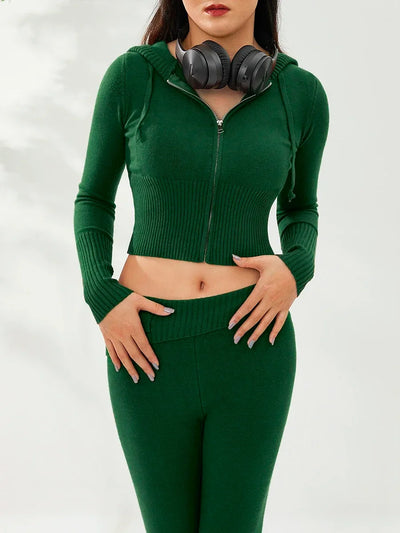Women Tracksuit  Knit Lounge Set Long Sleeve Zip Up Hoodie with High Waist Wide Leg Pant 2 Piece Sweater Ensemble Casual Set