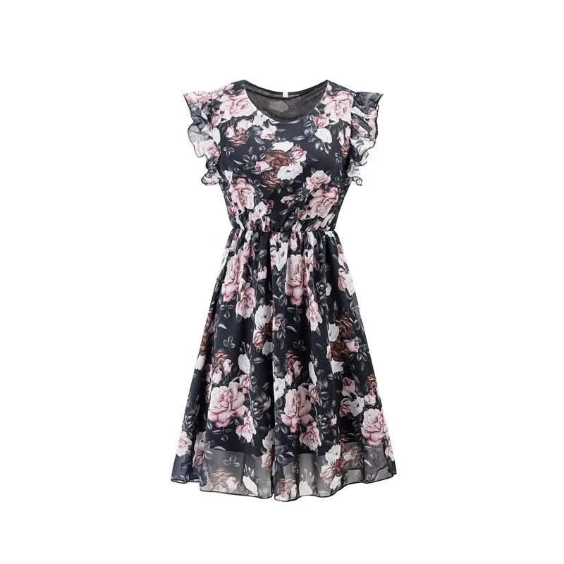 Summer Floral Print Dress For Women New Sleeveless Round Neck Dress Ruffled Short Sleeve Chiffon Print Short Dress For Women